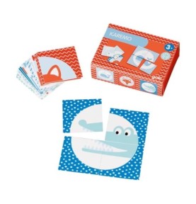 Jeu de cartes pour enfant Karemo : boîte rouge, cartes carrées et crocodile reconstitué en quatre cartes
