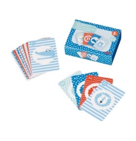 Jeu des 7 familles Goki : boîte bleue à pois, famille Lion de quatre cartes et crocodile