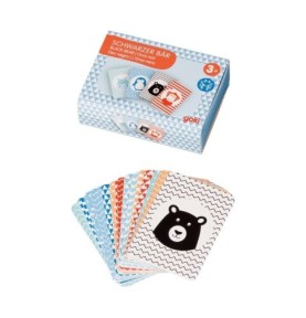 Jeu du mistigri Ours noir de Goki : boîte à triangles bleus et cartes d'animaux en éventail