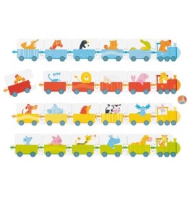 Jeu de dés de couleurs Goki : quatre petits trains d'animaux complets et leur dé en bois