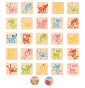 Jeu de rapidité en bois Goki : 25 plaquettes animaux en cinq couleurs et deux dés