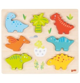 Puzzle dinosaure en bois Goki : sept pièces colorées encastrées autour d'un bébé dinosaure dans son œuf