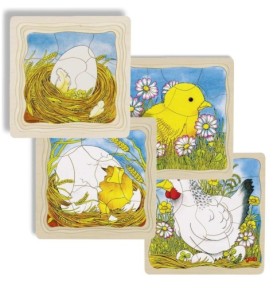 Les quatre étages du puzzle côte à côte : œuf, éclosion, poussin et poule