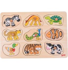 Jeu d'encastrement Montessori en bois complet : neuf animaux à boutons rangés dans leur plateau