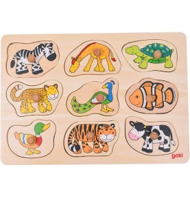 Jeu d'encastrement Montessori en bois complet : neuf animaux à boutons rangés dans leur plateau
