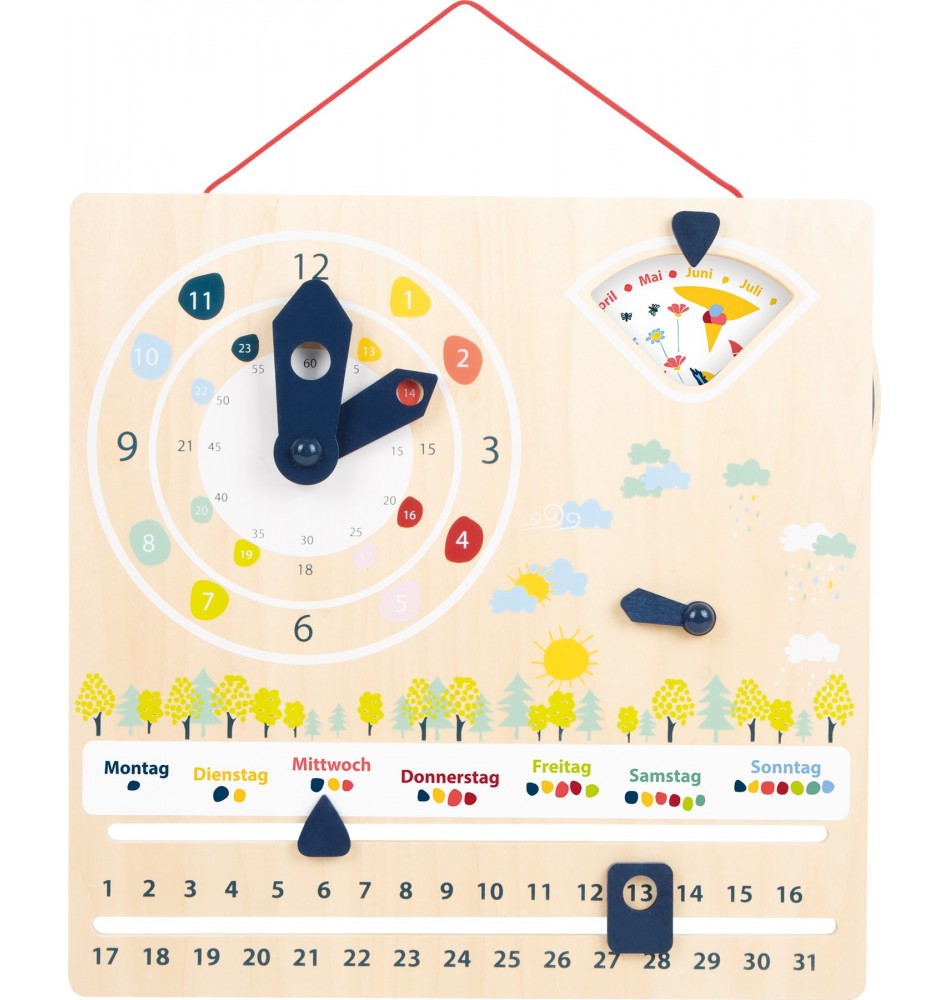 Bilingue Jouet éducatif En bois 30 x 30 cm Horloge d'apprentissage WoodyWood® Calendrier pour enfant 