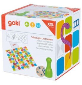 Boîte cube fermée du jeu Goki avec un pion vert et un dé en bois devant