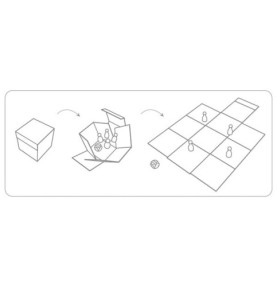 Schéma en trois étapes : le cube s'ouvre, se déplie puis devient le plateau de jeu