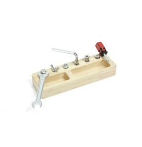 Jeu à visser et dévisser en bois : six vis, tournevis rouge, clé plate, clé hexagonale