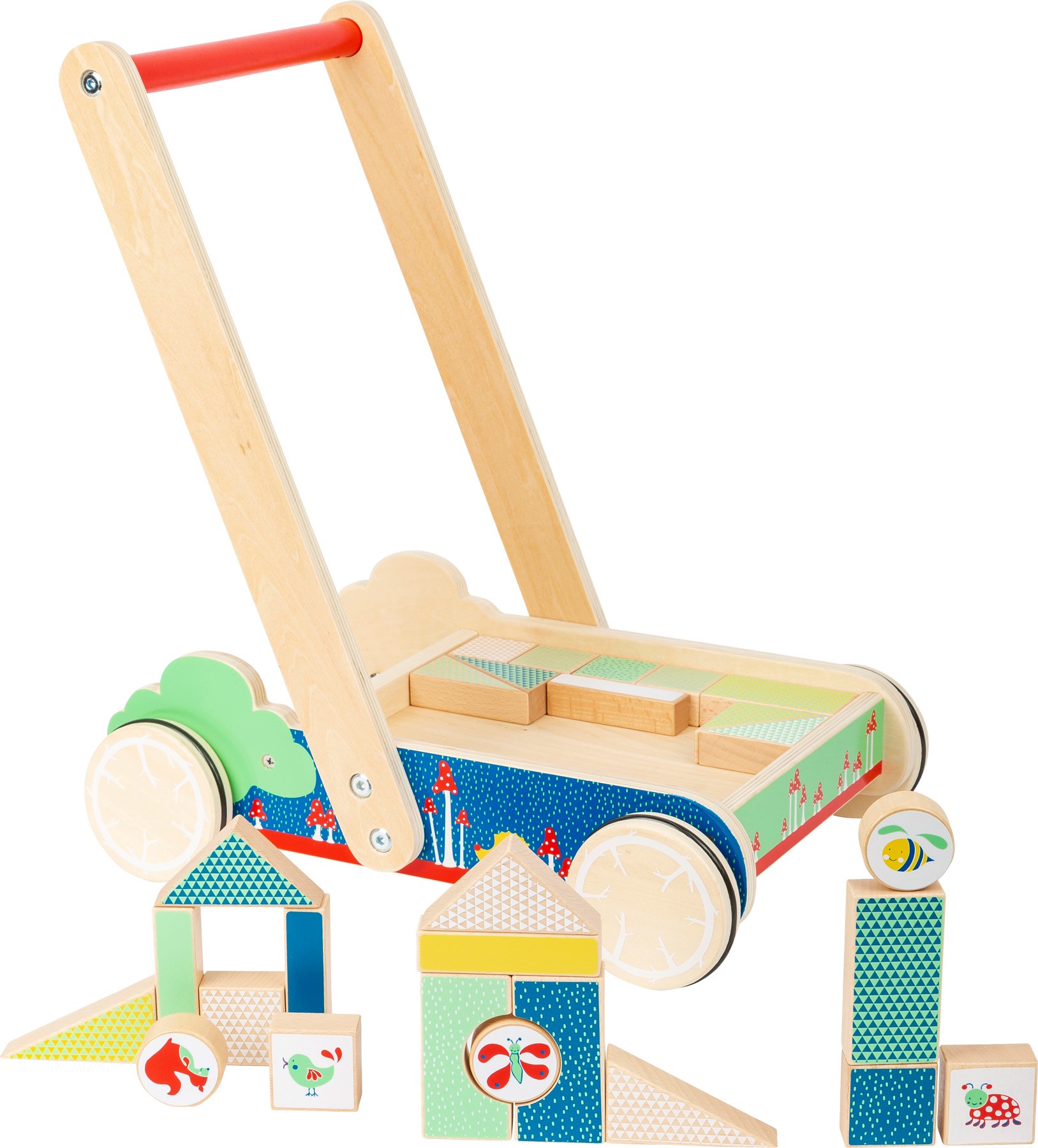 Wooden Baby Walker Wagon with Building Blocks Cart
