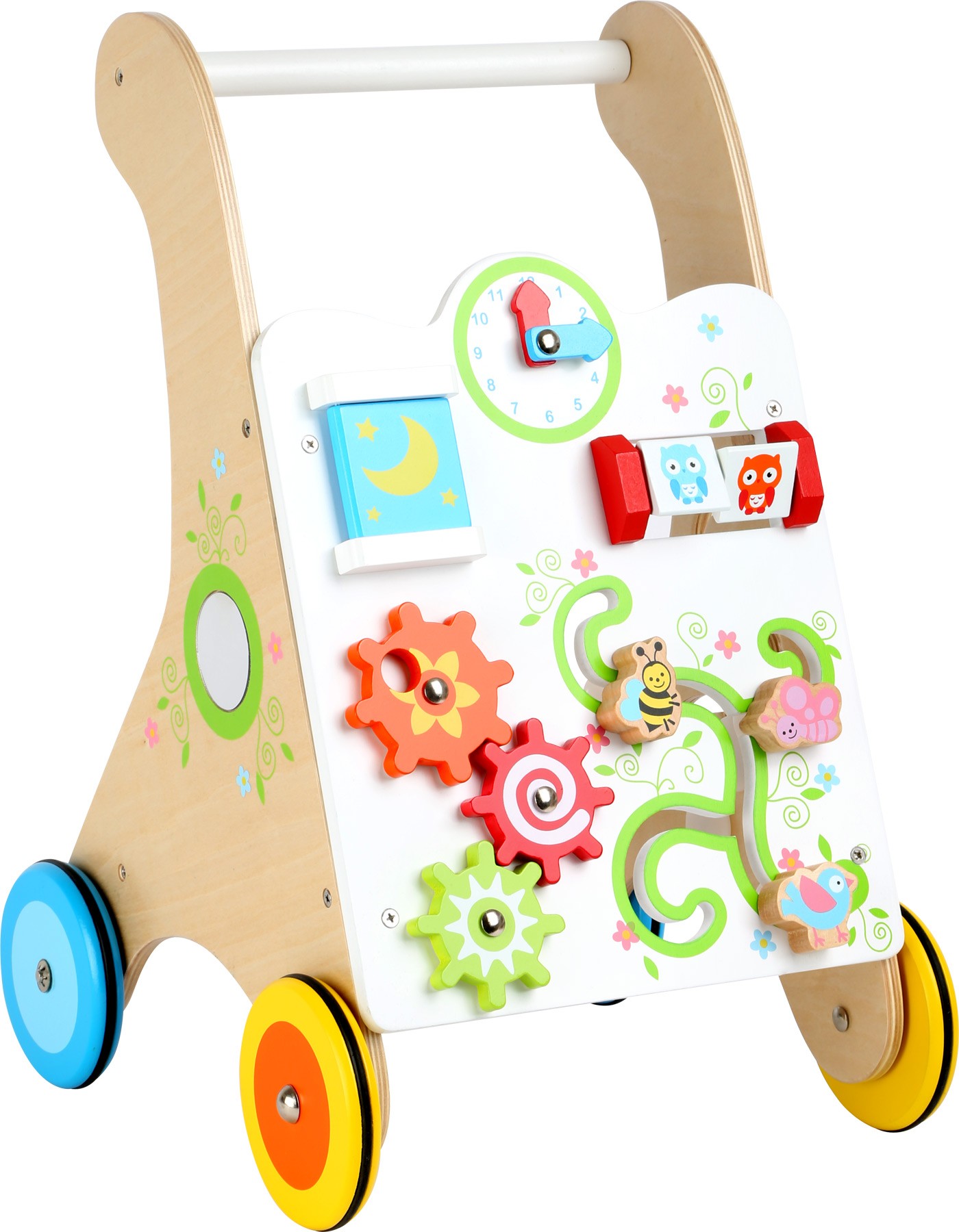 Chariot pousseur montessori bébé en bois massif avec tableau d'éveil sensoriel et freins réglables