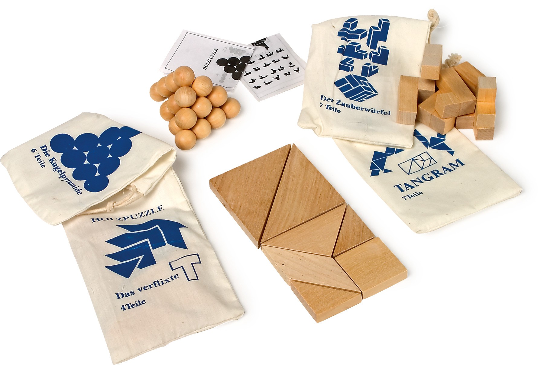 Set of 4 Wooden Brain Teaser Puzzles in Pouch