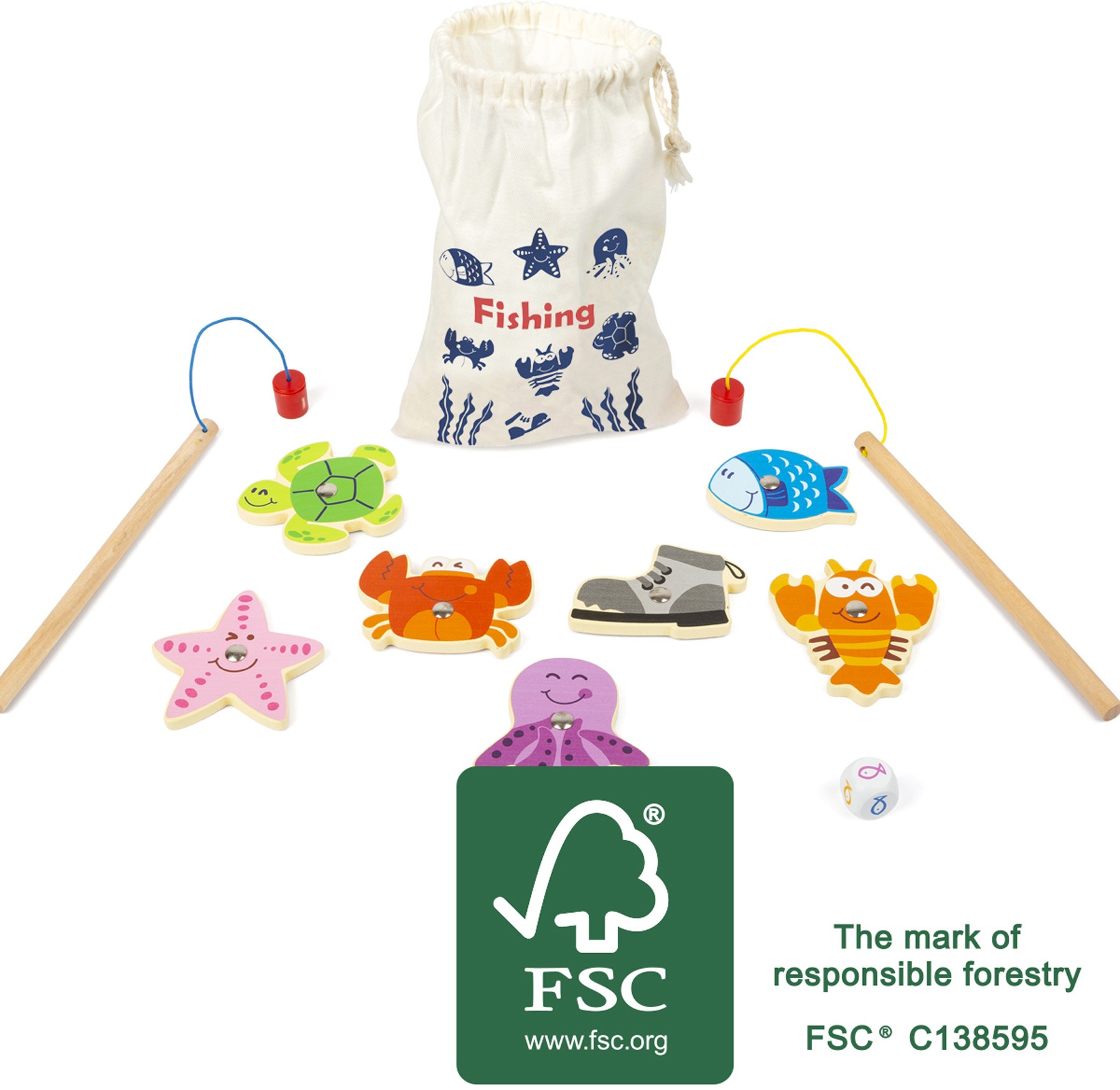 Magnetic Wooden Fishing Game with 2 Rods & Dice - Vue 6