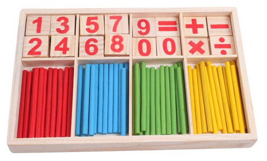 Wooden Arithmetic Box with Counting Sticks & Number Tiles