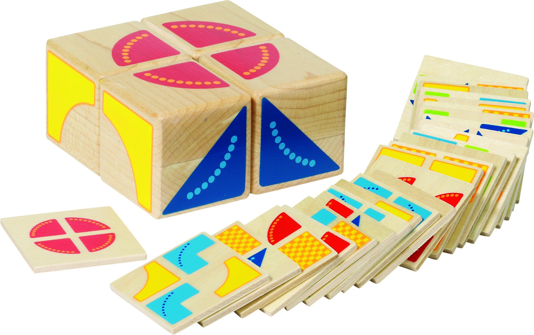 Wooden 4-Cube Pattern Matching Puzzle with Challenge Cards