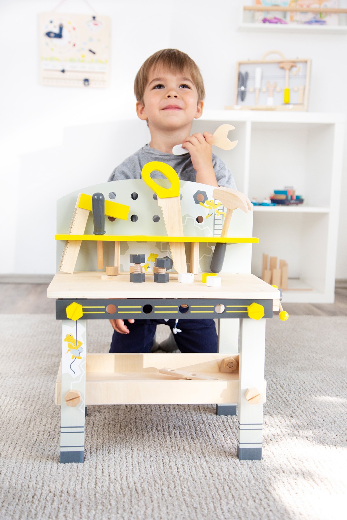 Compact Wooden Tool Workbench - Grey & Yellow - Vue 7