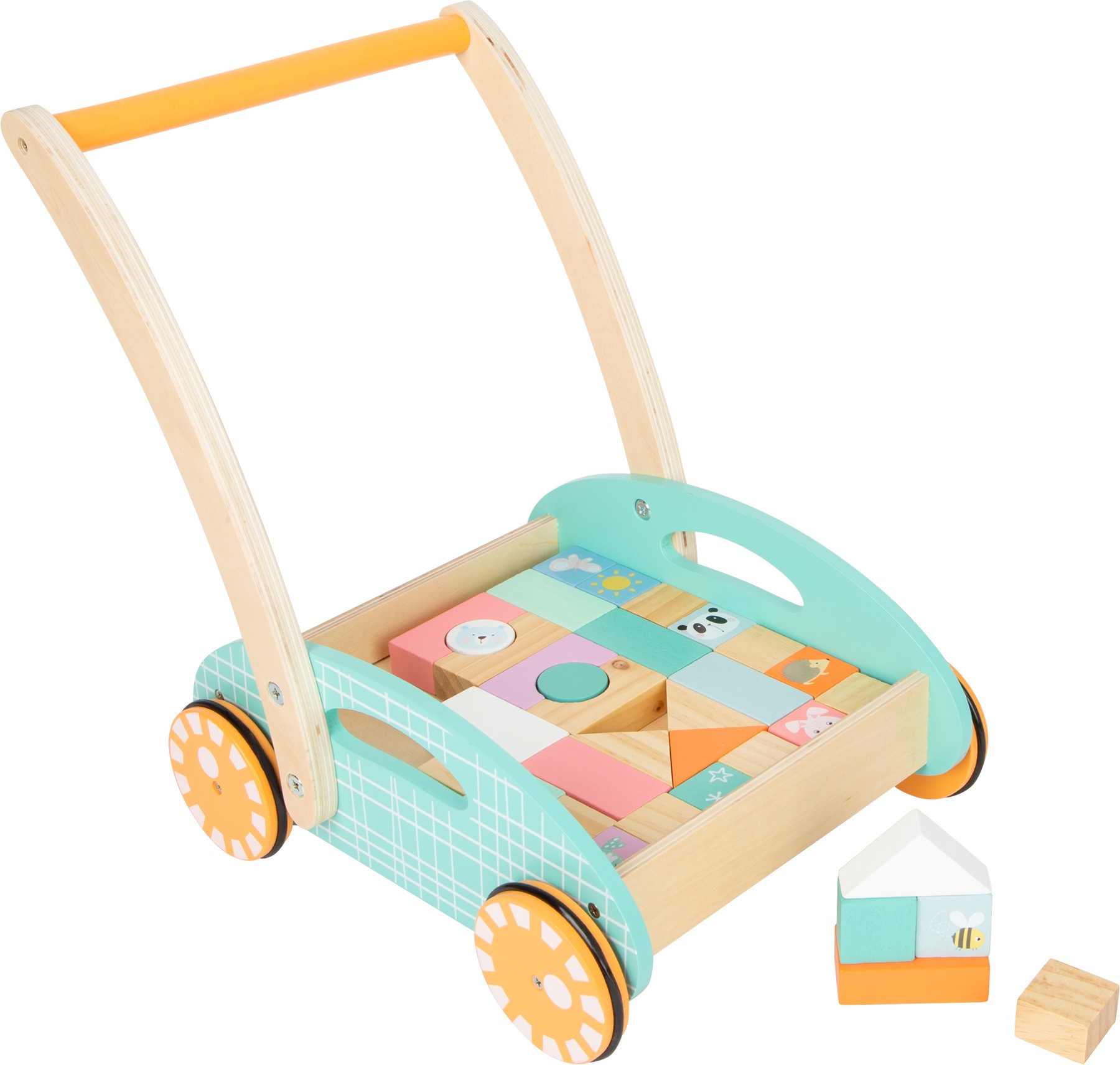 Pastel Wooden Baby Push Walker with 34 Blocks