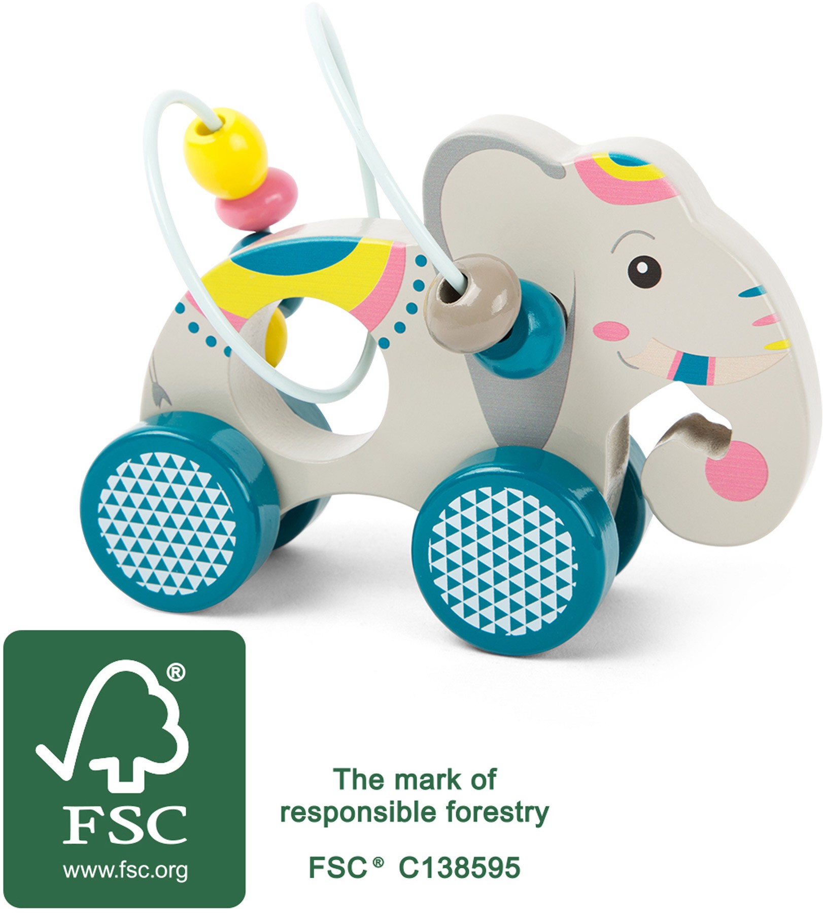 2-in-1 Wooden Elephant Push Toy & Bead Maze - Vue 5