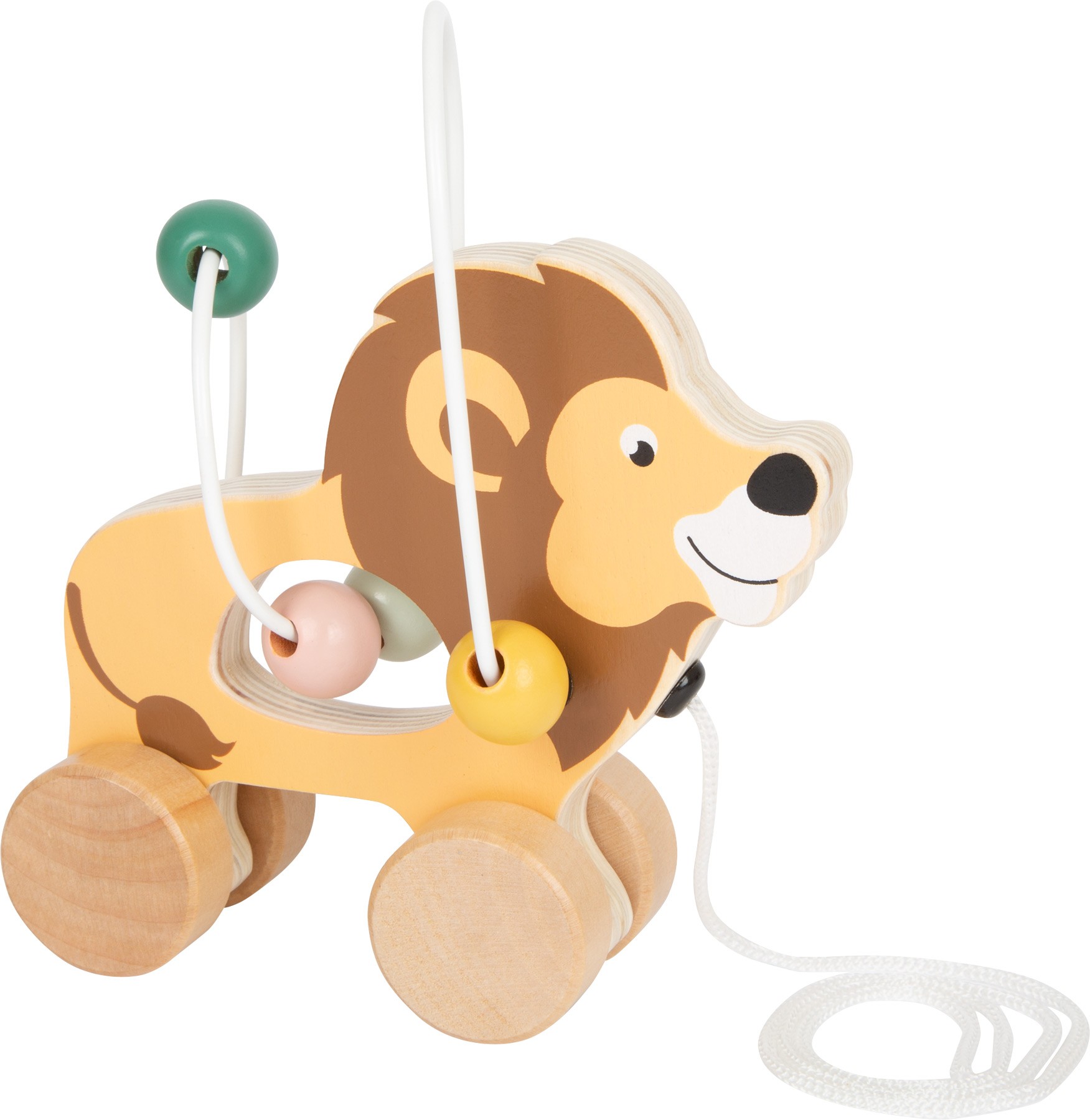 Pull-Along Wooden Lion with Wire Bead Maze