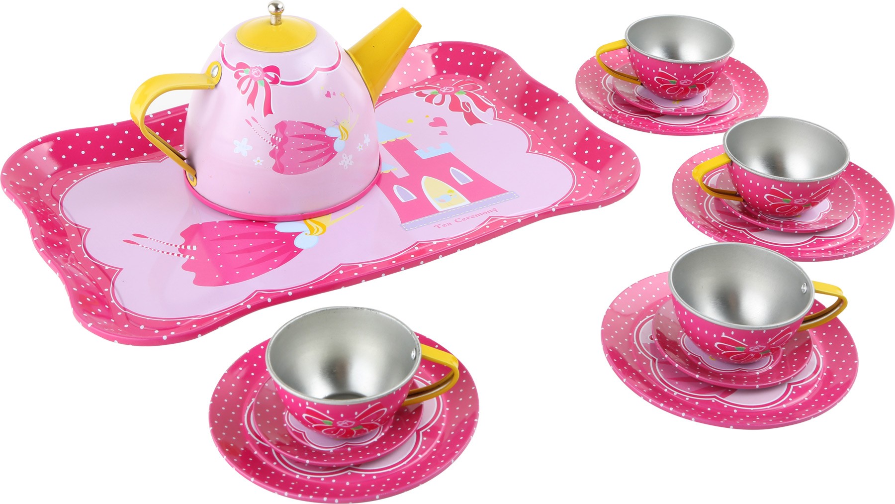 Pink Metal Toy Tea Set with Teapot, Cups & Serving Tray