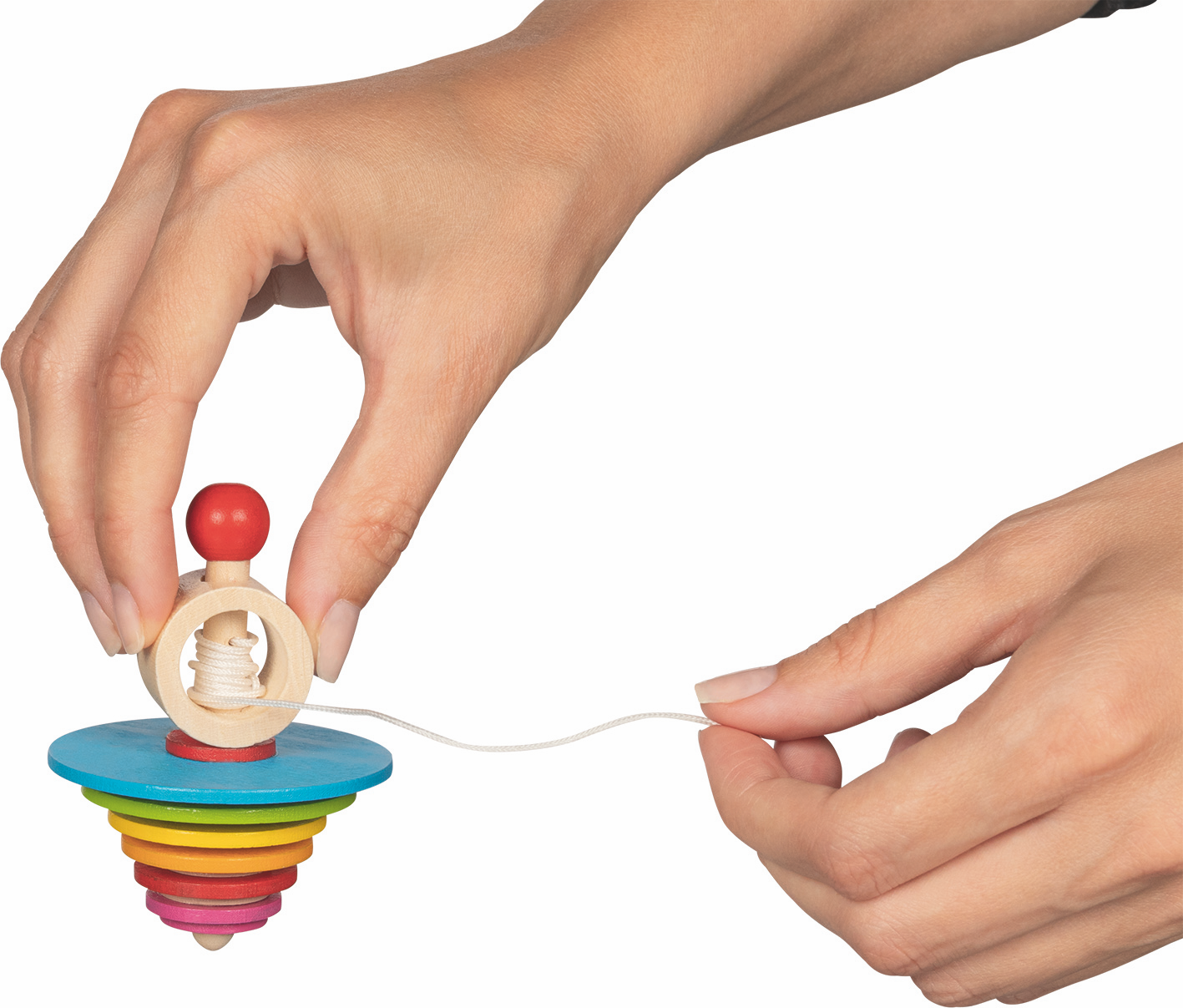 Traditional Wooden Rainbow Spinning Top with Launcher - Vue 3
