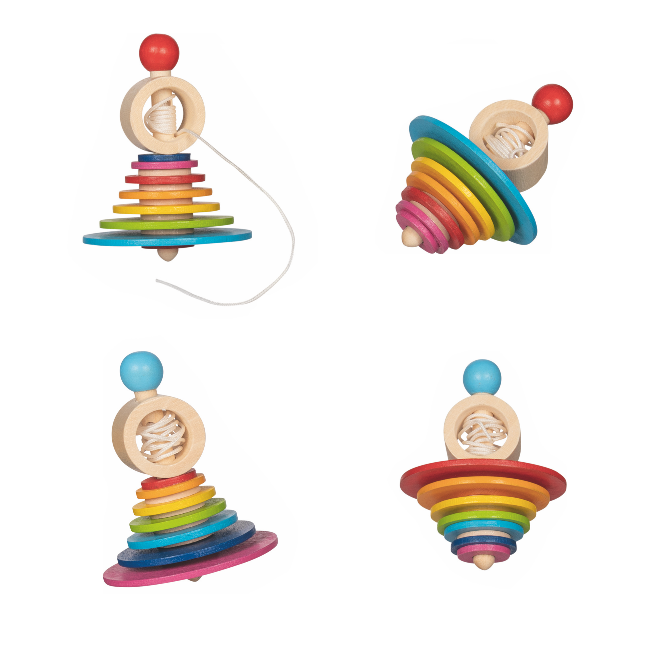Traditional Wooden Rainbow Spinning Top with Launcher