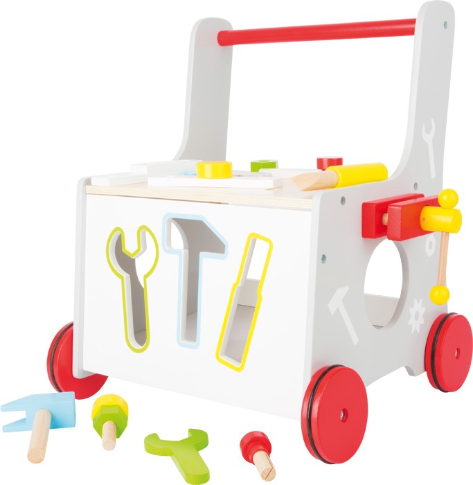 Chariot de marche en bois et établi d'imitation montessori avec outils adaptés aux tout-petits