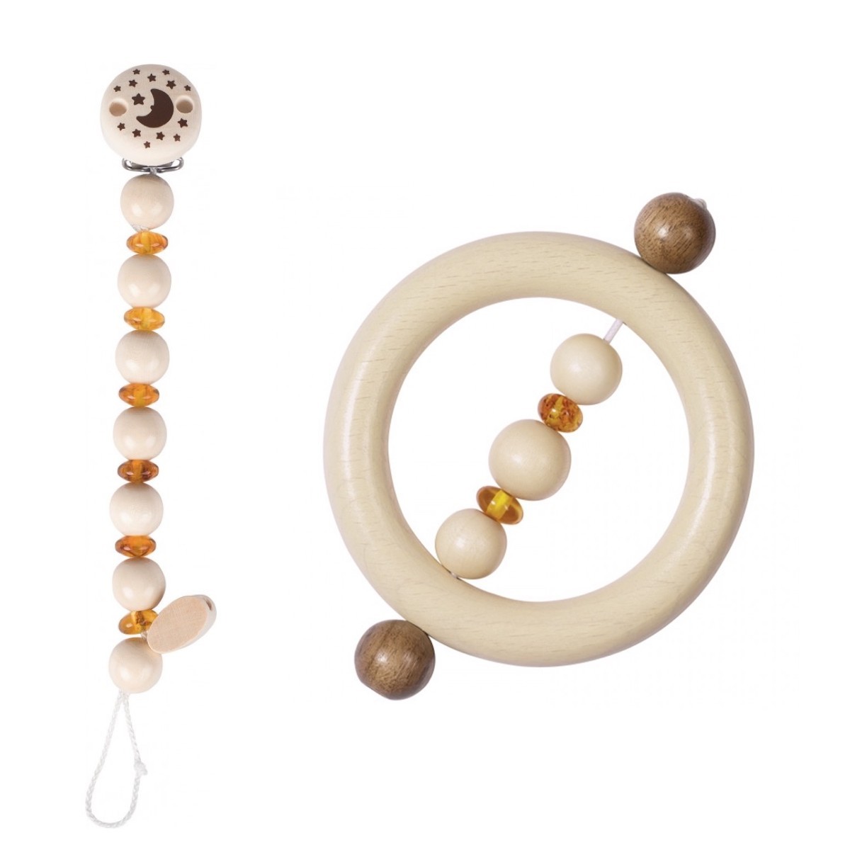 Baltic Amber Teething Ring & Matching Wooden Dummy Clip Set