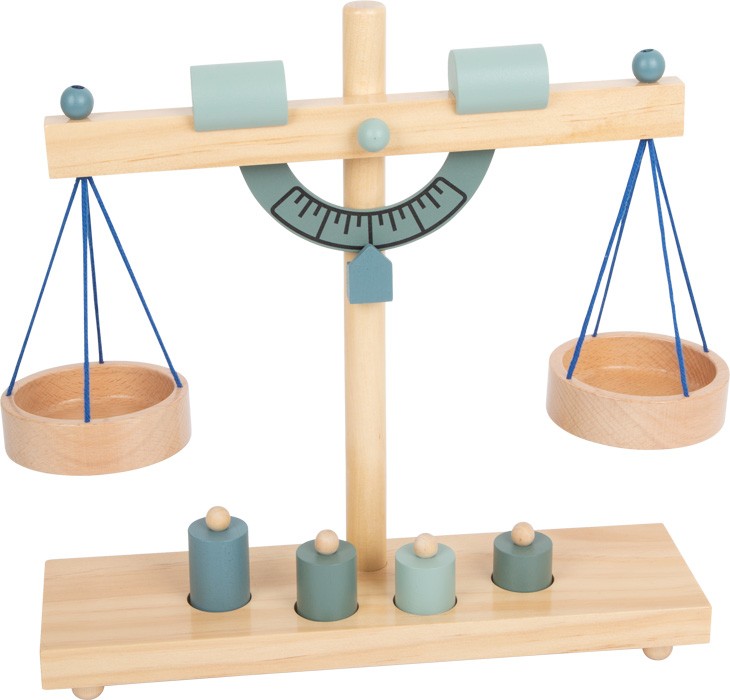 Blue Wooden Balance Scale with 4 Montessori Brass Weights - Vue 3