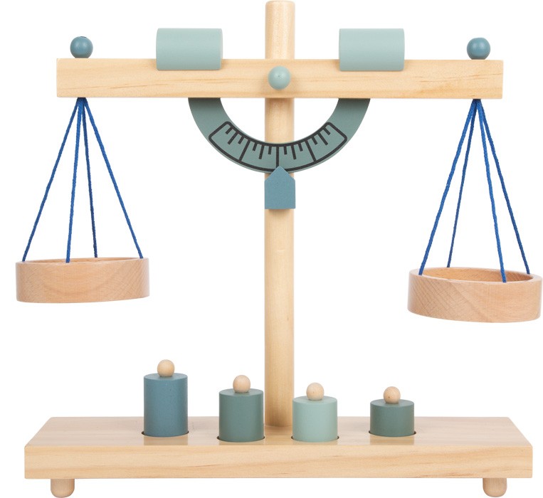 Blue Wooden Balance Scale with 4 Montessori Brass Weights