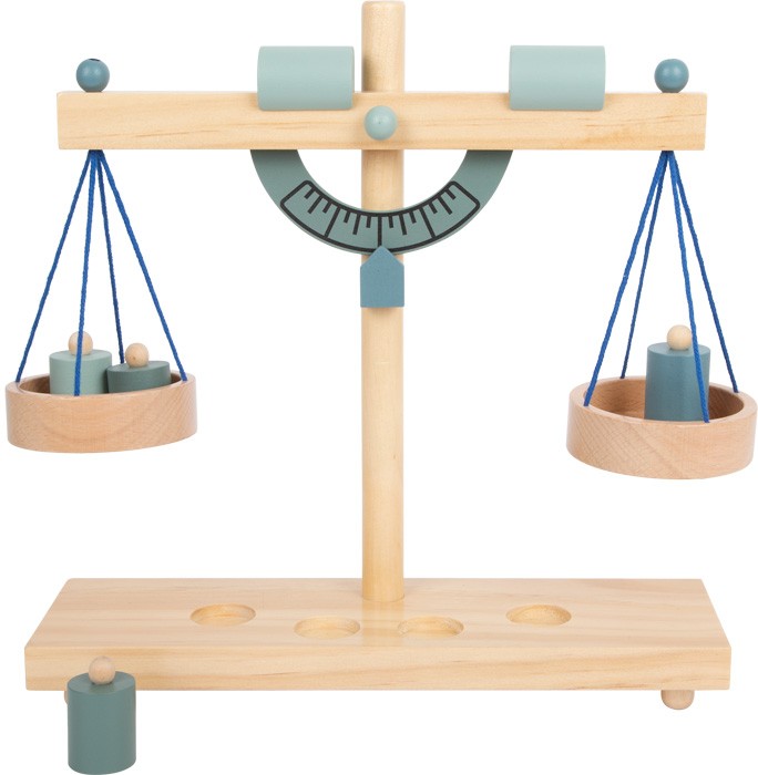 Blue Wooden Balance Scale with 4 Montessori Brass Weights - Vue 4