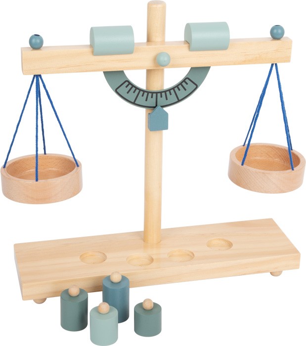 Blue Wooden Balance Scale with 4 Montessori Brass Weights - Vue 2