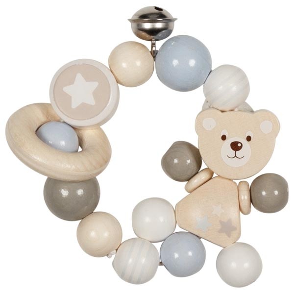 Grey Teddy Bear Wooden Baby Rattle with Bell