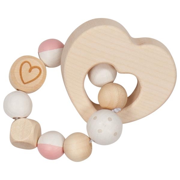 Montessori Pink & White Wooden Heart Teether Rattle