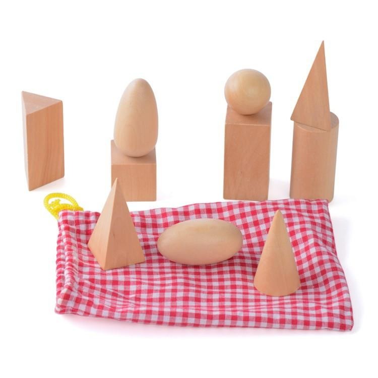 Wooden 3D Geometric Solids with Sensory Drawstring Bag