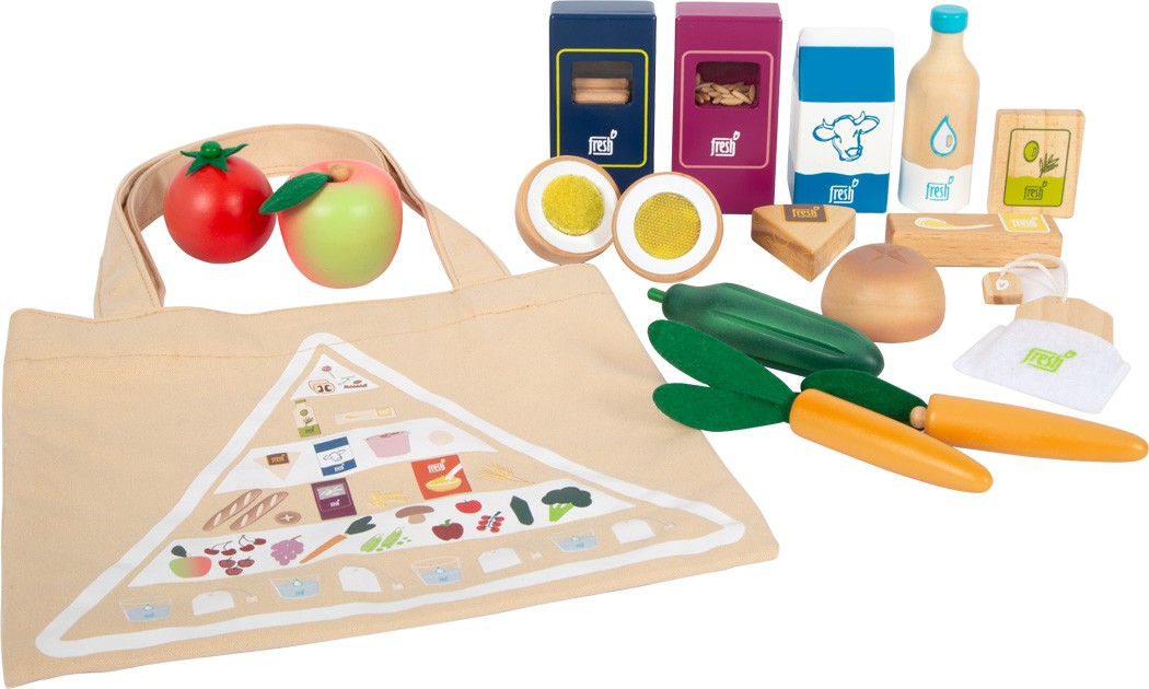 Wooden Market Grocery Bag with Play Food Essentials