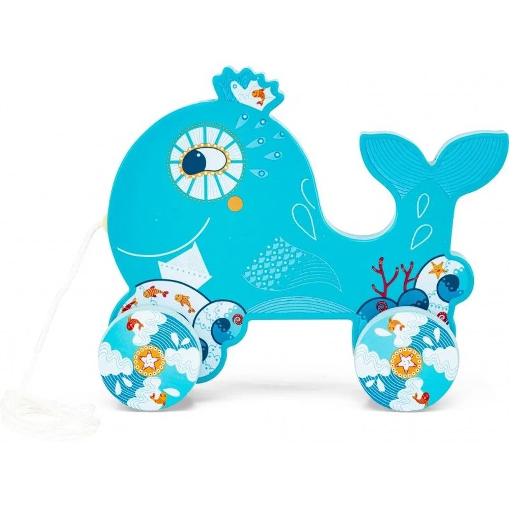 Blue Whale Wooden Rolling Push Toy with Wheels - Vue 2