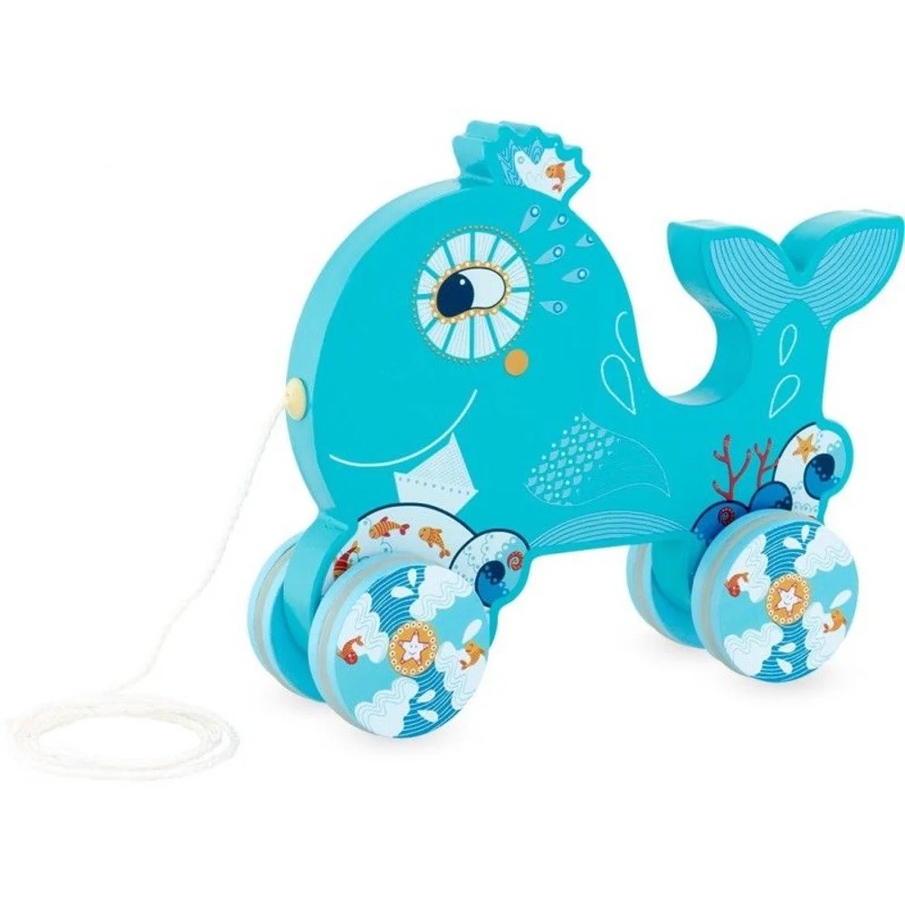Blue Whale Wooden Rolling Push Toy with Wheels