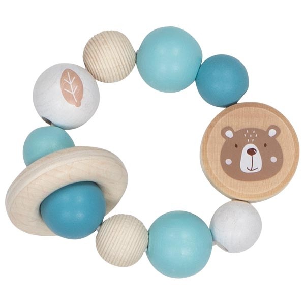 Handmade Blue & White Wooden Teddy Bear Baby Rattle