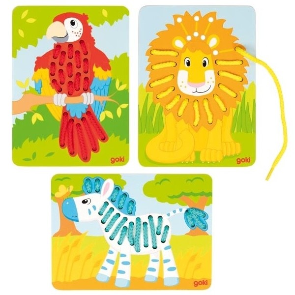 3 Wooden Safari Animals Lacing Cards