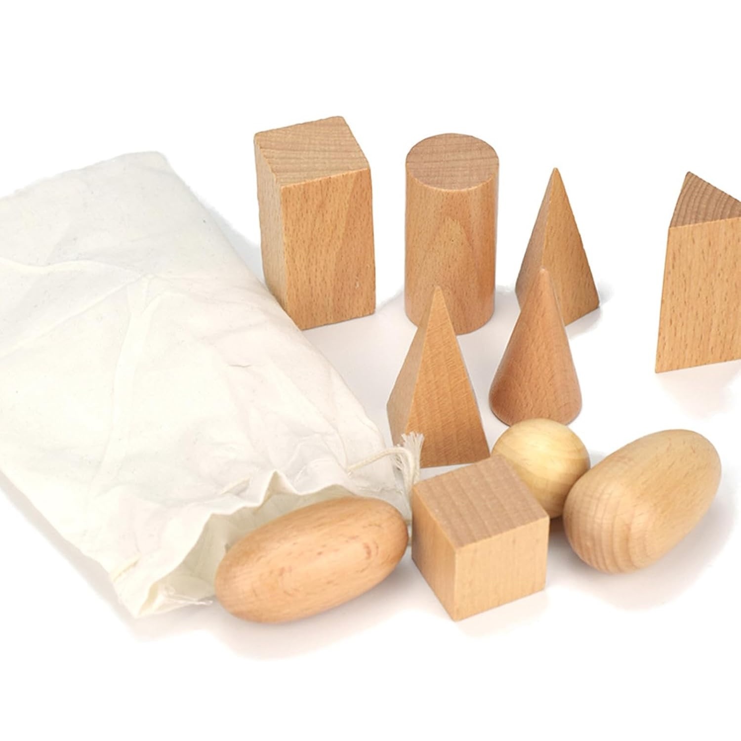 Wooden 3D Geometric Solids with Sensory Drawstring Bag