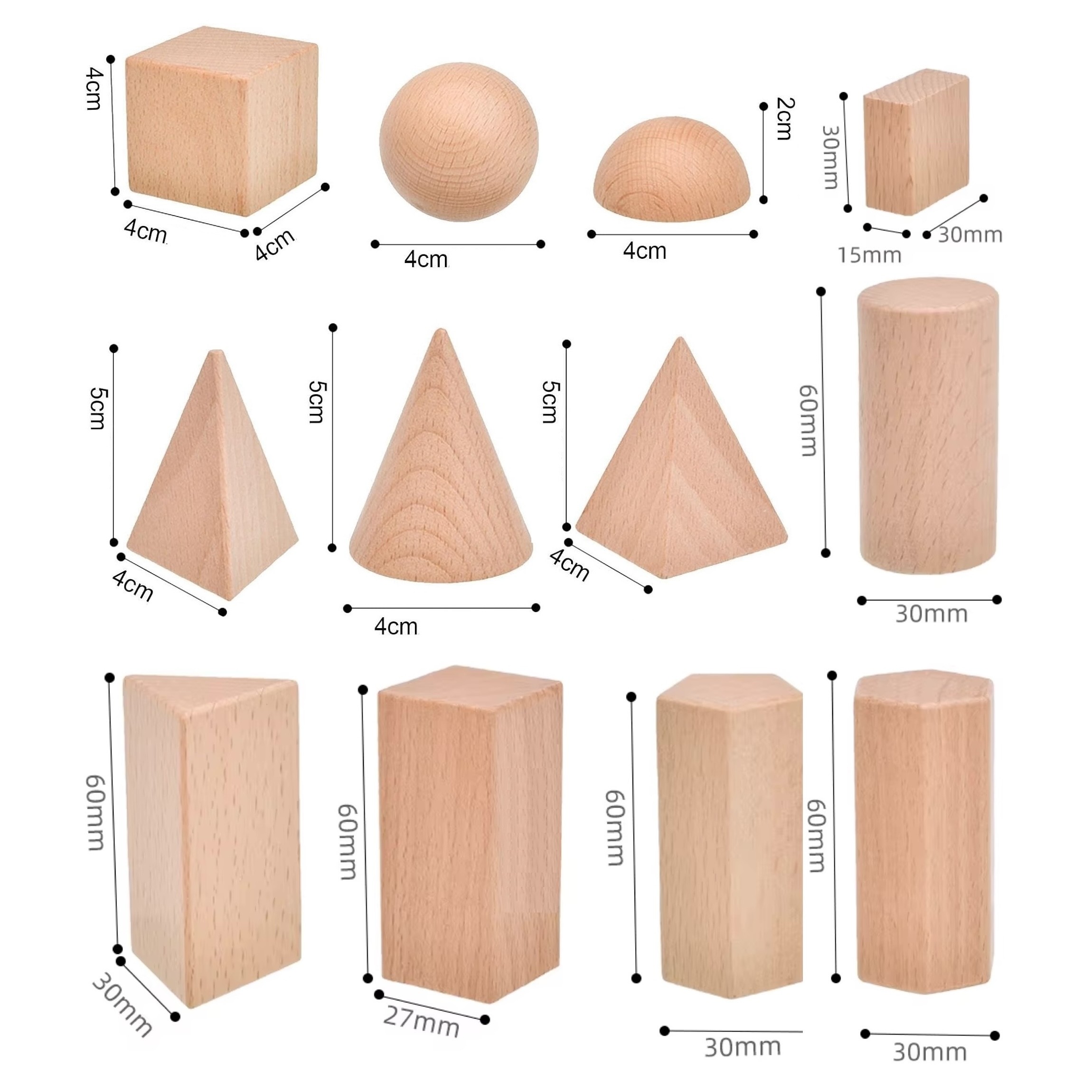 Wooden 3D Geometric Solids with Sensory Drawstring Bag - Vue 5